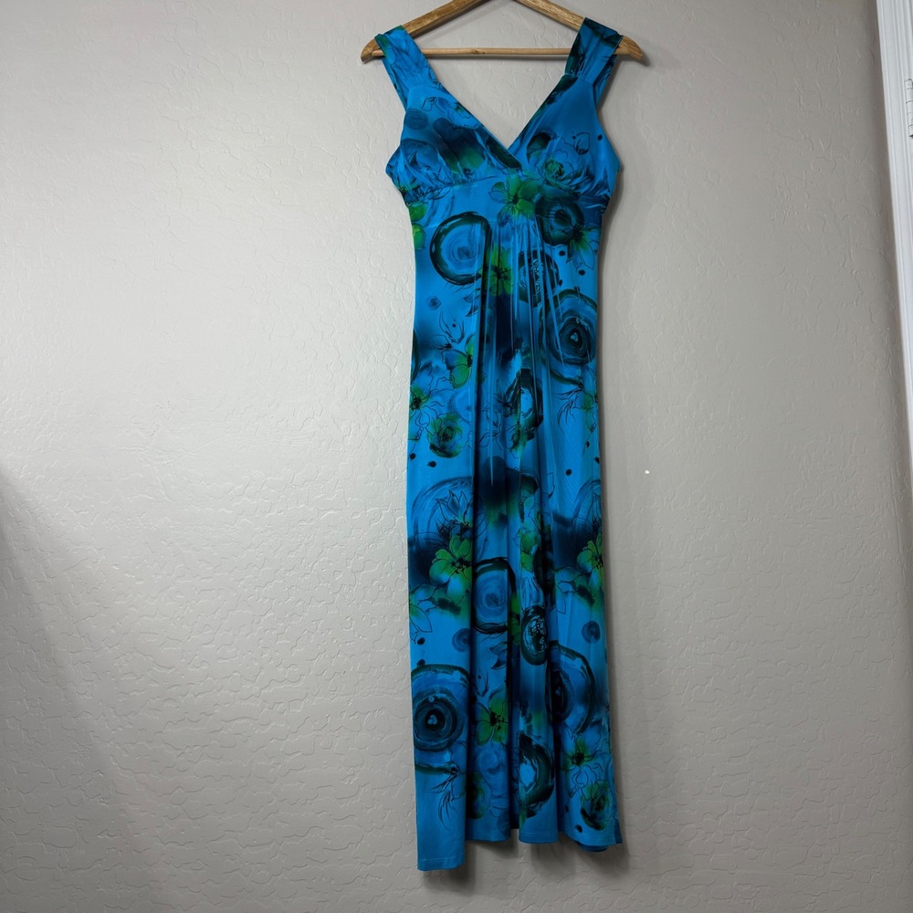 Fresh of LA Womens Blue  Floral sz M Abstract Maxi Dress V Neck Sleeveless Y2K
